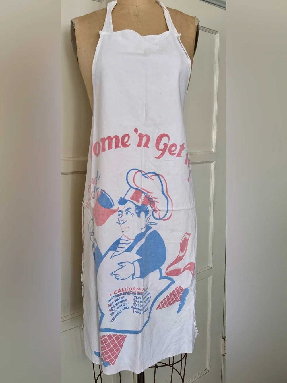 Vintage White Cotton 'Come 'n Get It' Graphic Kitchen Apron